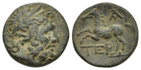Pisidia. Termessos Major circa 100-0 BC. Dated CY 1=72/1 BC Bronze Æ (17mm, 5.4 g). Laureate head of Zeus right / TEP, horse galloping left, A (date) ...