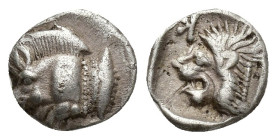 Kyzikos. AR Obol. Circa 450-400 BC (9.6mm, 0.9 g). Forepart of boar left, tunny upward to right; Rev.: Head of roaring lion left; retrograde K at uppe...