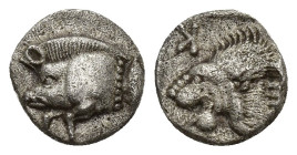 Kyzikos. AR Obol. Circa 450-400 BC (9mm, 0.8 g). Forepart of boar left, tunny upward to right; Rev.: Head of roaring lion left; retrograde K at upperl...