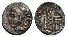 IONIA. Erythrai. Diobol (12mm, 1.4 g) (Circa 200-133 BC). Obv: Head of young Herakles left, wearing lion skin. Rev: ERY / AITΩP. Club, bow in case and...