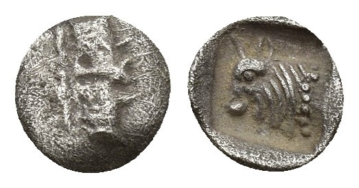 Caria, Uncertain, c. 5th century BC. AR Tetartemorion (6.6mm, 0.1 g). Confronted...