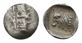 Caria, Uncertain, c. 5th century BC. AR Tetartemorion (6.6mm, 0.1 g). Confronted foreparts of bull. R/ Forepart of bull l., within incuse square.