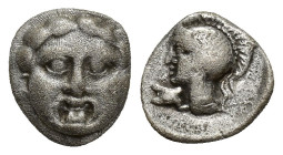 Pisidia, Selge AR Obol. (10mm, 1.2 g) Circa 3rd Century BC. Gorgoneion / Helmeted head of Athena left; astragalos before.