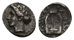 Ionia, Kolophon, AR Diobol (10mm, 1 g), c. 375-360 BC. Obv. Laureate head of Apollo left. Rev: KOΛΟΦΩ ΠΟΣΙΣ, lyre.