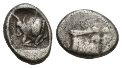 CARIA, Uncertain. Circa 450-400 BC. AR Diobol (13mm, 2.3 g). Forepart of bull left within incuse square. / Confronted foreparts of bulls