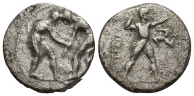 PAMPHYLIA, Aspendos. Circa 400-370 BC. AR Stater (21mm, 10 g). Two wrestlers grappling / Slinger to right; triskeles in field.