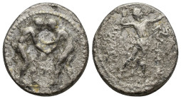 PAMPHYLIA, Aspendos. Circa 330/25-300/250 BC. AR Stater (23mm, 10.2 g). Two wrestlers grappling; ΠO between / Slinger in throwing stance right; K betw...