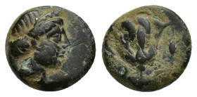 CARIA. Rhodes. Ae (10mm, 1.6 g) (Circa 404-385 BC). Obv: Head of the nymph Rhodos right. Rev: O - (retrograde P). Rose with bud to left.