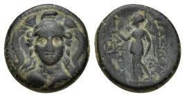 Seleukid Empire, Antiochos I Soter Æ (14mm, 2.7 g) . Smyrna or Sardes, circa 281-261 BC. Helmeted head of Athena facing / ΒΑΣΙΛΕΩ[Σ] ΑΝΤΙΟΧ[ΟΥ], Nike ...