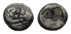 LYDIAN KINGDOM. Croesus (561-546 BC). AR 1/24th stater (5.5mm, 0.2 g). Sardes, Confronted foreparts of lion right and bull left, both with outstretche...