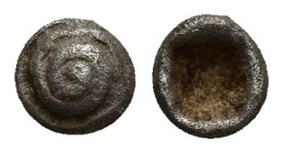 Western Asia Minor, uncertain mint (Circa 6th century BC) AR Hemiobol (5mm 0.2g) Obv: Spiral pattern. Rev: Quadripartite incuse square.