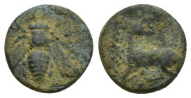 Ionia. Ephesos . Uncertain magistrate circa 390-300 BC. Bronze Æ (12mm, 2.1 g). Bee / Stag kneeling left, head right, magistrate’s name to left.