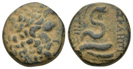 Mysia. Pergamon circa 150-100 BC. Bronze Æ (19mm, 8,1 g). Laureate head of Asklepios right / ΑΣΚΛHΠΙΟΥ ΣΩΤΗΡΟΣ, serpent coiled around omphalos....