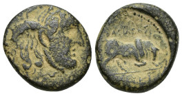 KINGS of SYRIA. Seleukos I Nikator. 312-281 BC. Æ (18mm, 6.7 g). Antioch mint. Struck circa 285-281 BC. Winged head of Medusa right / Bull butting rig...