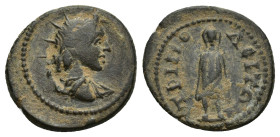 Lydia, Tripolis. Pseudo-Autonomous. Antonine era, ca. A.D. 138-192. AE (15mm, 1.9 g). Cuirassed bust of Athena left, wearing crested helmet, aegis on ...
