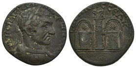 Pisidia. Sagalassos . Macrinus AD 217-218. Bronze Æ (22mm, 8.8 g) Laureate, draped and cuirassed bust right / Altars of the Dioscuri, crowned by stars...
