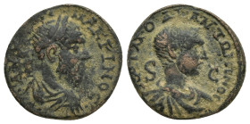 Seleucis and Pieria. Antioch. Macrinus, with Diadumenian as Caesar AD 217-218. As Æ (19mm, 4,7 g). AV • K • M • O • • MAKPINOC, laureate, draped and c...