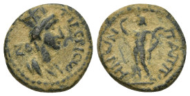 Pisidia, Pappa Tiberia. Pseudo-autonomous issue, time of Antoninus Pius (138-161). Æ (16mm, 3 g). Turreted and draped bust of Tyche r. R/ Pan standing...
