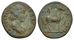 Faustina II, wife of Marcus Aurelius (AD 147-175/176). Uncertain mint (16mm, 3.7 g). ΦAVCTEINA CEBAC, draped bust of Faustina right / horse walking ri...