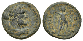 LYCAONIA, Iconium. Antonine Era. AD 138-192. Æ (15mm, 2.4 g). Bust of Herakles right, lion's skin tied around neck, club over shoulder / Perseus stand...