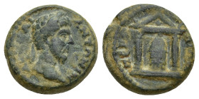 Pamphylia. Perge. Antoninus Pius AD 138-161. Bronze Æ (14mm, 3.1 g) Laureate head of Antoninus Pius, r. / Temple with two columns including statue of ...