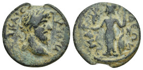 PAMPHYLIA. Magydus. Marcus Aurelius (161-180). Ae. (19mm, 3.8 g) laureate head of Lucius Verus, r. / Athena standing, l., holding Nike and spear; lean...