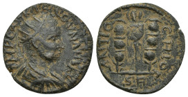 Pisidia, Antiochia. Valerian I. A.D. 253-260. Æ (20mm, 3.8 g). IMP CA[ERA]SLLOVNΛHIΛC, radiate, draped and cuirassed bust of Valerian I right / ANTIO-...