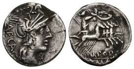 M Porcius Laeca-Liberty Denarius (18mm, 3.4 g) 125 BC. Rome mint. Obv: helmetted head of Roma right with XVI monogram below chin with [L]AECA behind. ...
