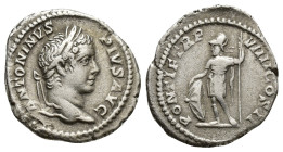 Caracalla as Augustus (AD 198-217). Silver denarius (18mm, 3.3 g). AD 205. ANTONINVS — PIVS AVG, laureate, draped bust right / PONTIF TR P — VIII COS ...