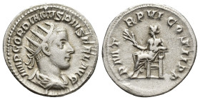 Gordian III, 238-244. Antoninianus (Silver, 21mm, 5.6 g), Rome, 243. IMP GORDIANVS PIVS FEL AVG Radiate, draped and cuirassed bust of Gordian III to r...