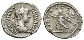 Caracalla. A.D. 198-217. AR denarius (19mm, 3.2 g). Rome mint, Struck A.D. 201-206. ANTONINVS PIVS AVG, laureate, draped, and cuirassed bust right / V...