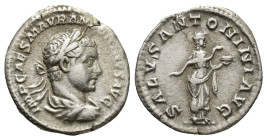 Elagabalus. A.D. 218-222. AR denarius (19mm, 3.1 g). Rome, A.D. 218. IMP CAES M AVR ANTONINVS AVG, laureate, draped and cuirassed bust of Caracalla ri...
