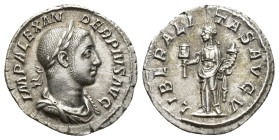 SEVERUS ALEXANDER (222-235). Denarius. (18mm, 2.6 g) Rome. Obv: IMP ALEXANDER PIVS AVG. Laureate, draped and cuirassed bust right. Rev: LIBERALITAS AV...