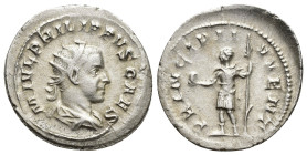 Philip II. As Caesar, A.D. 244-247. AR antoninianus (23mm, 3.8 g). Rome mint, struck A.D. 246. M IVL PHILIPPVS CAES, radiate and draped bust right, se...
