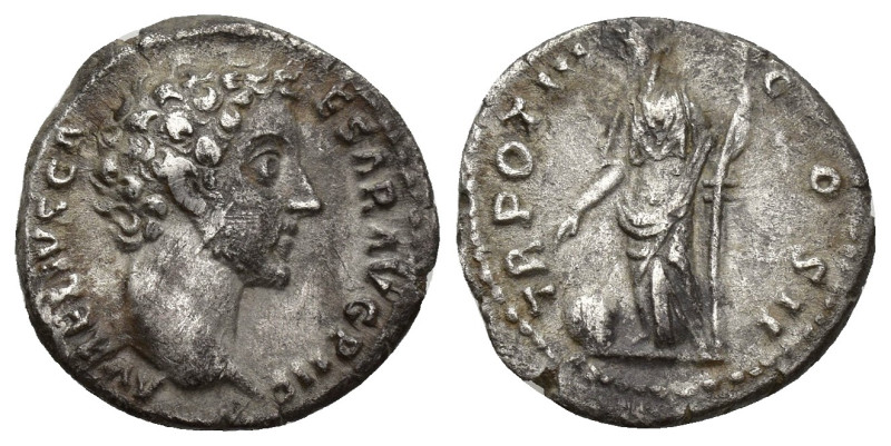 Marcus Aurelius, as Caesar, AR Denarius. (17mm, 3.4 g) Rome, AD 148-9. AVRELIVS ...