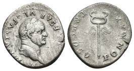 VESPASIAN (69-79). Denarius. (19mm, 3 g) Rome. Obv: IMP CAESAR VESPASIANVS AVG. Laureate head right. Rev: PON MAX TR P COS V. Winged caduceus.