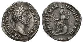 Marcus Aurelius AD 161-180. Rome Denarius AR (18mm, 2.9 g). M ANTONINVS AVG ARMENIACVS, laureate head right / P M TR P XIX IMP III COS III, Roma seate...