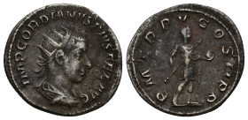 Gordian III AR Antoninianus. (22mm, 4.3 g) Rome, AD 241-243. IMP GORDIANVS PIVS FEL AVG, radiate, draped and cuirassed bust of Gordian III to right / ...