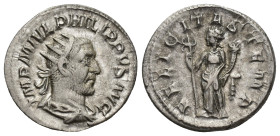 Philip I AR Antoninianus. (22mm, 4.1 g) Rome, AD 244-247. IMP M IVL PHILIPPVS AVG, radiate, draped and cuirassed bust right / FELICITAS TEMP, Felicita...