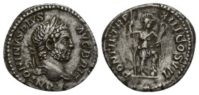 Caracalla, 198-217. Denarius (Silver, 19mm, 3.7 g), Rome, 210. ANTONINVS PIVS AVG BRIT Laureate head of Caracalla to right. Rev. PONTIF TR P XIII COS ...