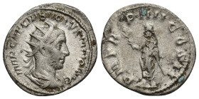 Volusian AR Antoninianus. (22mm, 3.6 g) Rome, AD 253. IMP CAE C VIB VOLVSIANO AVG, radiate, draped and cuirassed bust right / P M TR P IIII COS II, Vo...