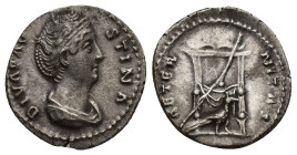 Diva Faustina I, Died 140/1. AR, Denarius. (18mm, 3.3 g) Rome. Obv: DIVA FAVSTINA. Draped bust of Faustina, right. Rev: AETERNITAS. Draped throne agai...