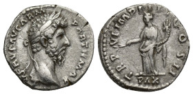 Lucius Verus (161-169 AD). AR Denarius (17mm, 3.4 g), Roma (Rome), 166 AD. Obv. L VERVS AVG ARM PARTH MAX, laureate head right. Rev. TR P VI IMP IIII ...