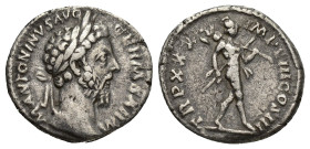 Marcus Aurelius AR Denarius. (18mm, 3 g) Rome, AD 175-176. M ANTONINVS AVG GERM SARM, laureate bust right / TR P XXX IMP VIII COS III, Mars walking to...