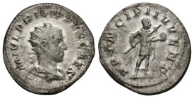 Philip II. As Caesar, AD 244-247. AR Antoninianus (23mm, 4.4 g). AD 245. Radiate and draped bust right / Philip II in military dress, standing right, ...