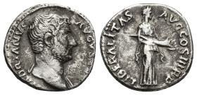 Hadrian (AD 117–138). Silver denarius (16mm, 3.5 g). AD 129. HADRIANVS AVGVSTVS, bare head of Hadrian right, with slight drapery on far shoulder / LIB...