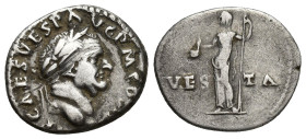 Vespasian AR Denarius. (16mm, 3.3 g) Rome, AD 72-73. IMP CAES VESP AVG P M COS IIII, laureate head right / VESTA, Vesta standing left, holding simpulu...