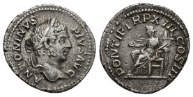 CARACALLA (198-217). Denarius. (19mm, 2.9 g) Rome. Obv: ANTONINVS PIVS AVG. Laureate head right. Rev: PONTIF TR P XIII COS III. Concordia seated left ...