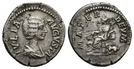 JULIA DOMNA (Augusta, 193-217 AD). AR, Denarius. (18mm, 3.2 g) Rome. Obv: IVLIA AVGVSTA. Draped bust of Julia Domna, right. Rev: MATER DEVM. Cybele se...