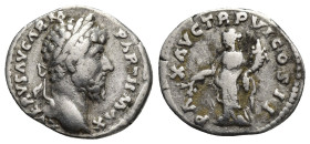 LUCIUS VERUS (161-169). Denarius. (16mm, 3.3 g) Rome. Obv: L VERVS AVG ARM PARTH MAX. Laureate head right. Rev: PAX AVG TR P VI COS II. Pax standing l...